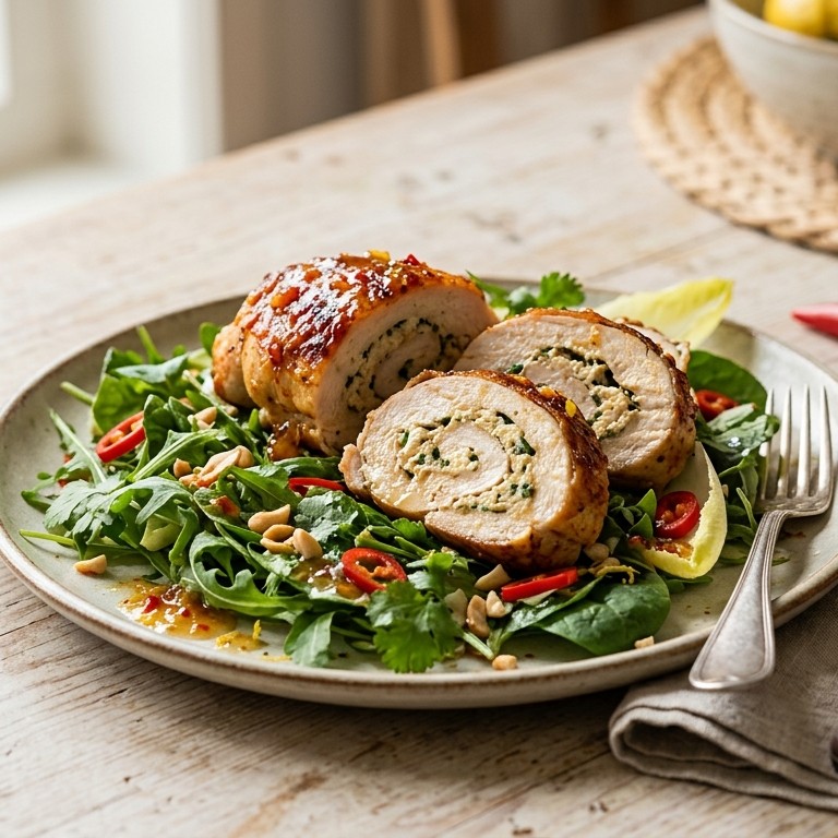 Pittige salade met gevulde kipfilets