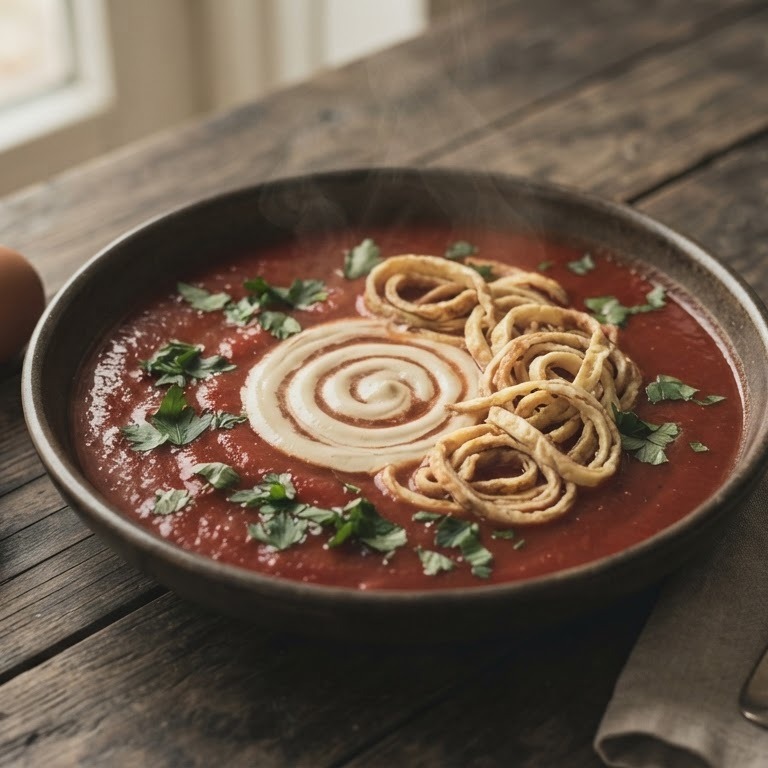 Pittige tomatensoep met gemberroom en omeletreepjes