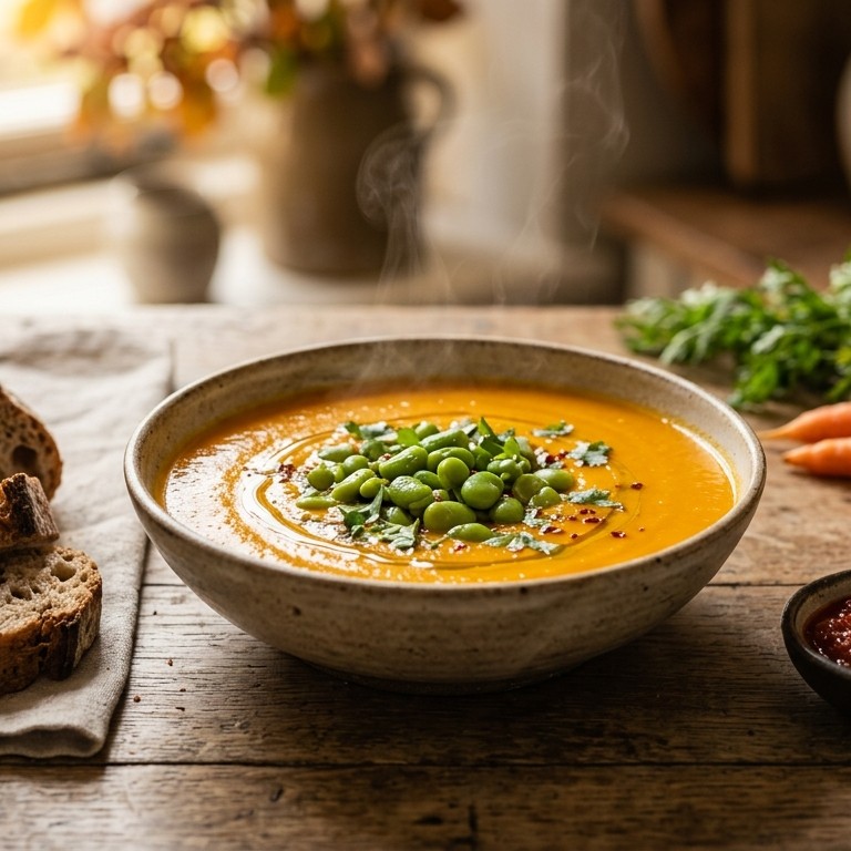 Pittige wortelsoep met tuinbonen en stokbrood
