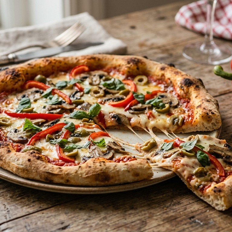 Pizza met champignons en groene olijven