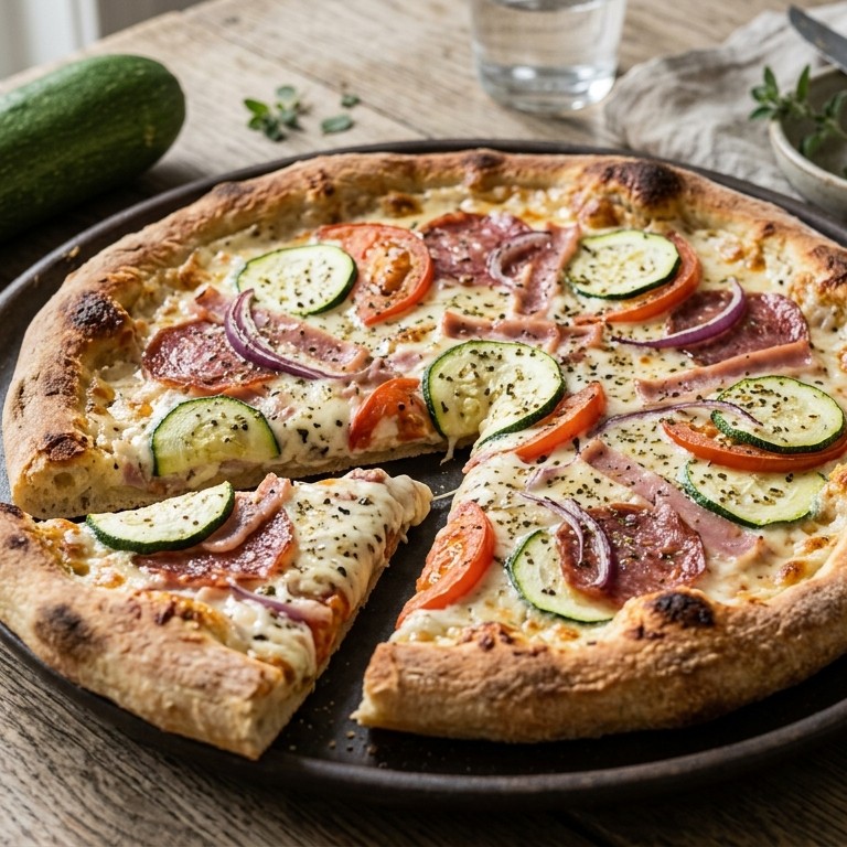 Pizza met courgette, salami en ham-kaassaus