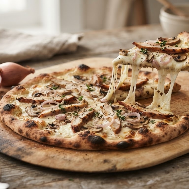 Pizza met kalkoen en sjalotjes