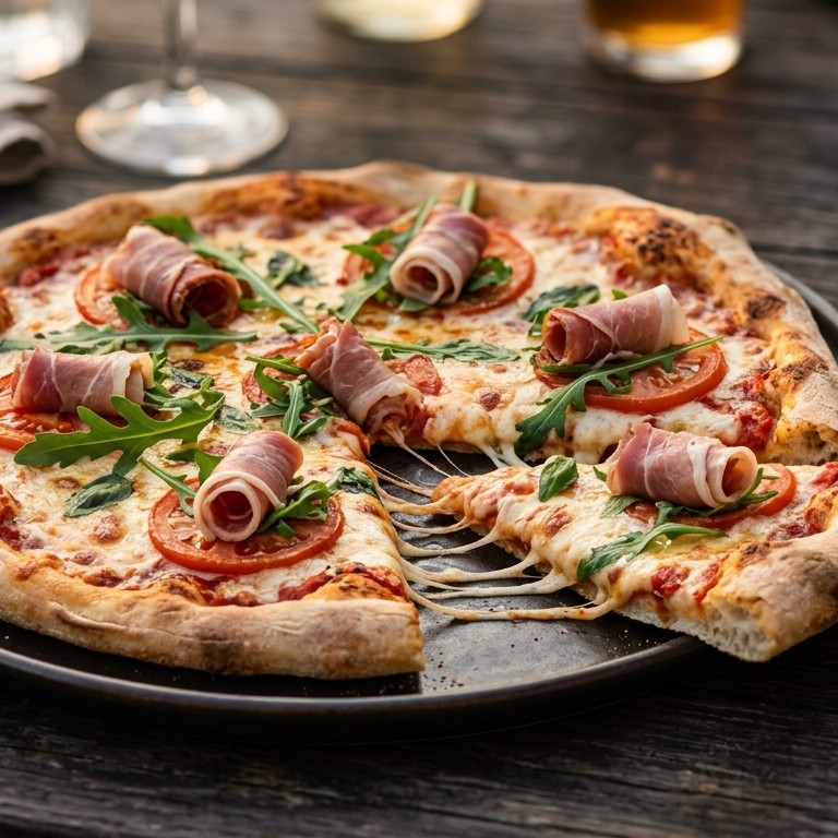 Pizza met rucolarolletjes