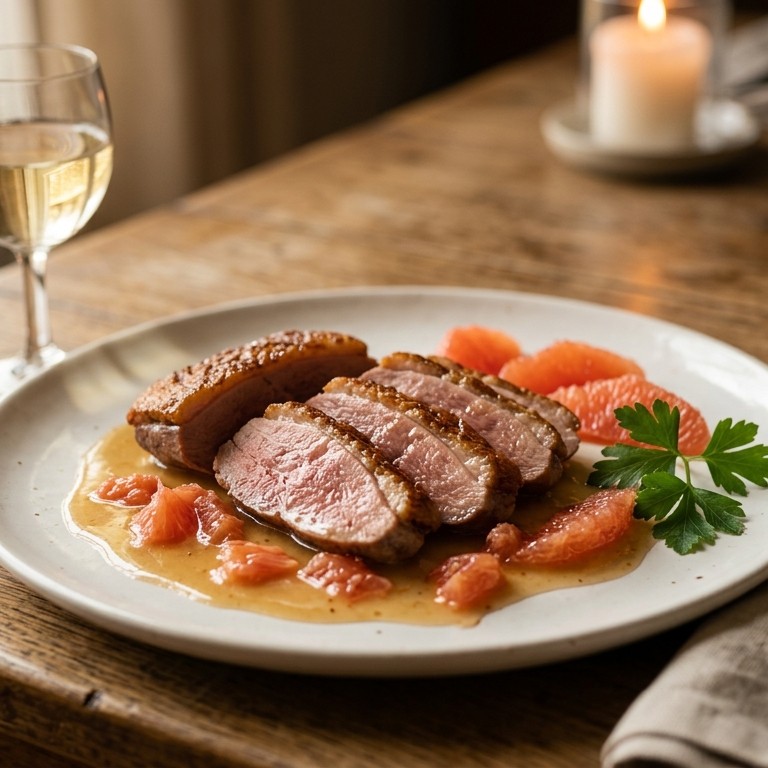 Pluivee Eend in saus met pompelmoes