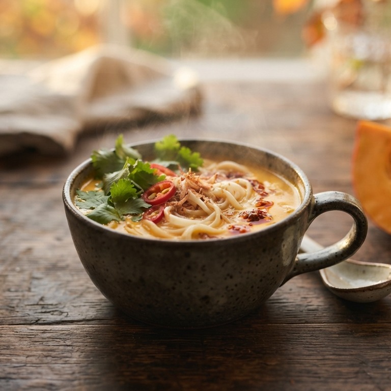 Pompoenlaksa uit een kopje