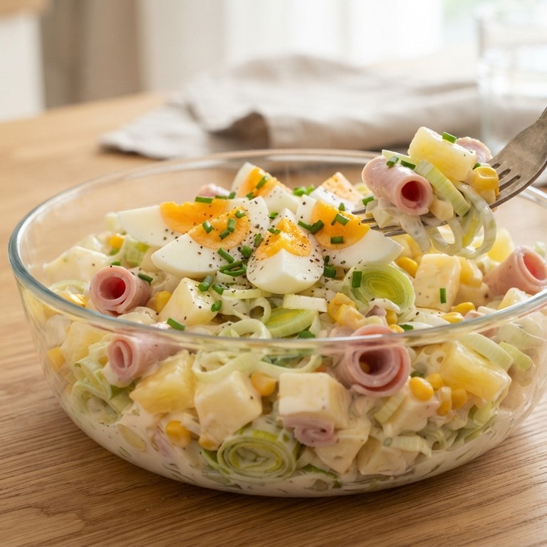 Prei-appel-ananassalade met ham en ei