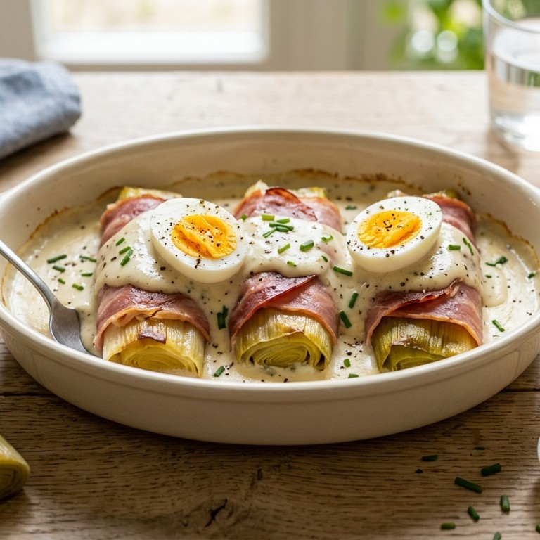 Prei met ham en ei