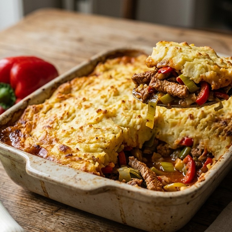 Prei-paprikaschotel met vleesreepjes en aardappelpuree