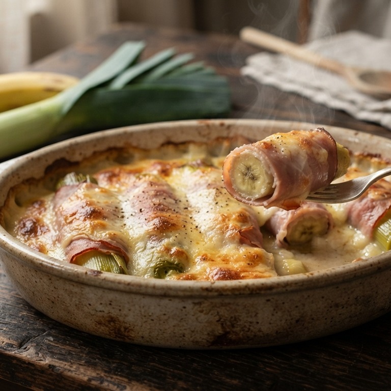 Prei uit de oven met banaan en ham