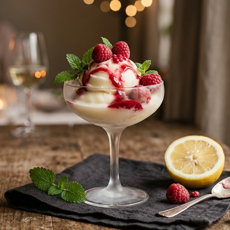 Proseccosorbet met frambozensaus