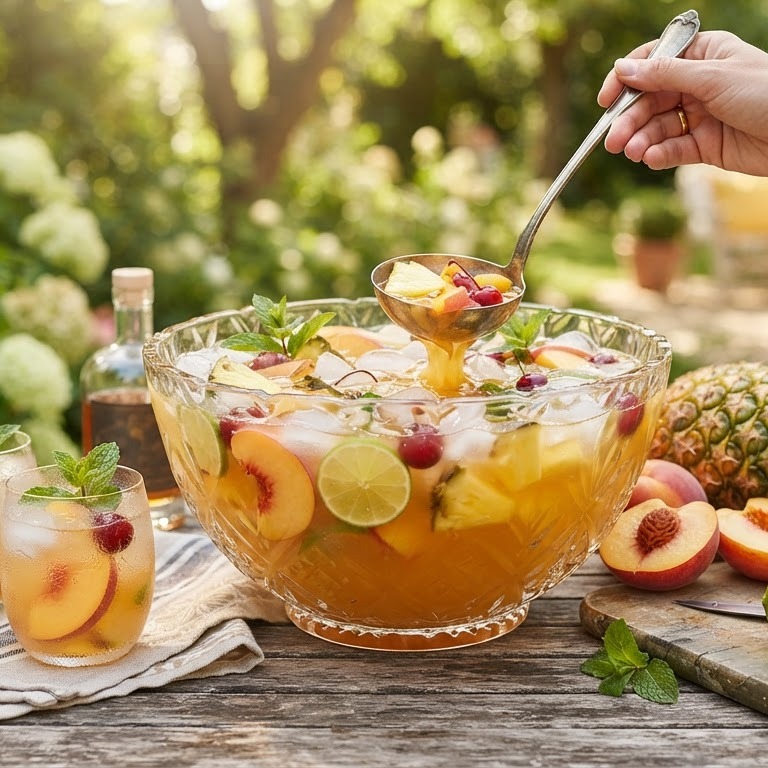 Punch van ananas, perzik en rum