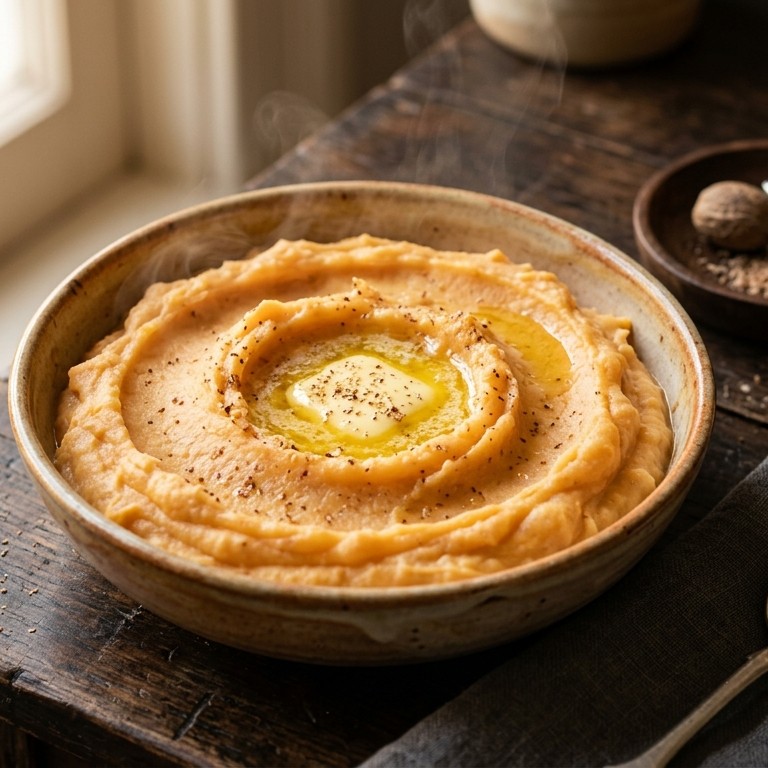 Puree van zoete aardappel, knolselderij en aardappel