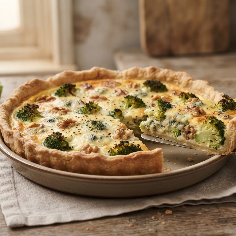 Quiche met blauwe kaas en broccoli
