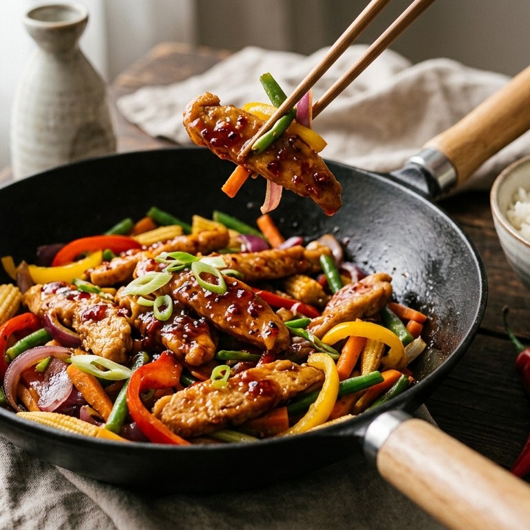 Quorn filetreepjes in zoete chilisaus met rijst en groente