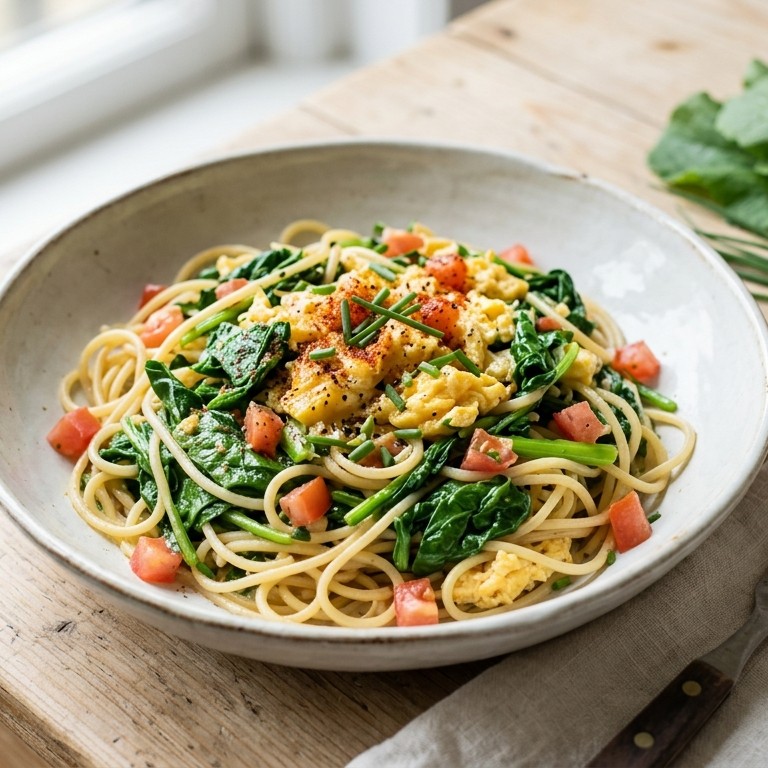 Raapsteeltjes met roereieren en spaghetti