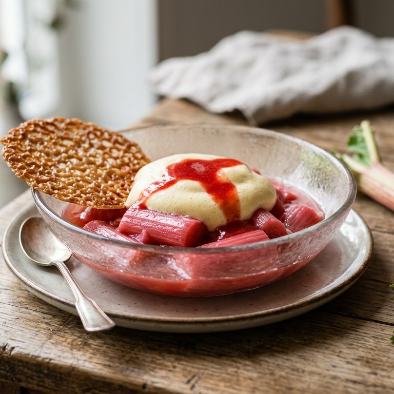 Rabarbercompote met kirschsabayon en aardbeienjus