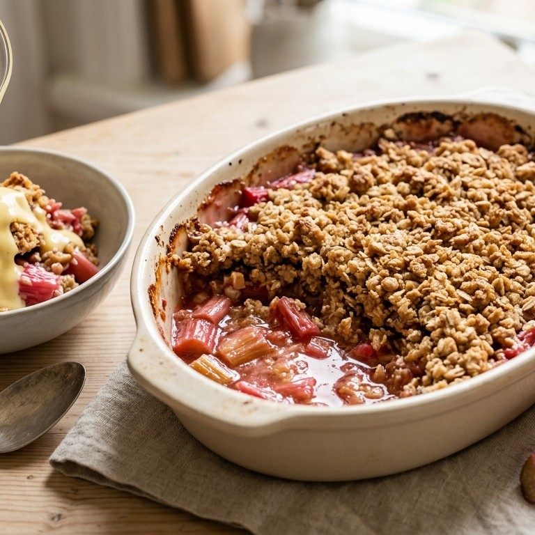 Rabarbercrumble met vanillesaus