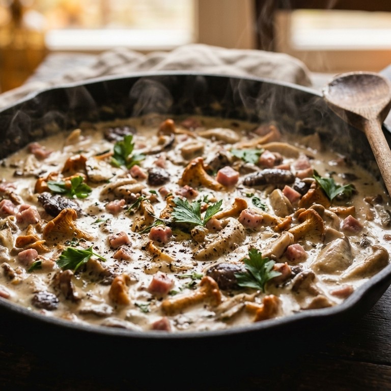 Ragout van paddestoelen en ham