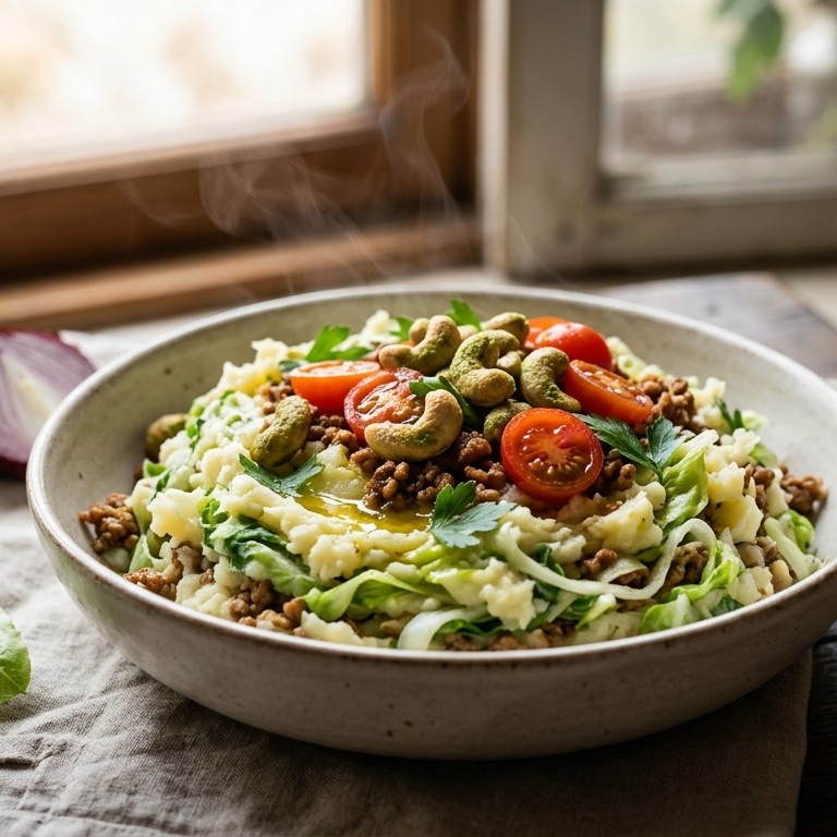 Rauwe andijviestamppot met tomaat en cashewnoten
