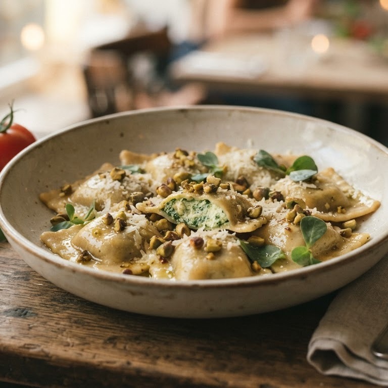 Ravioli met postelein en pistachenoten