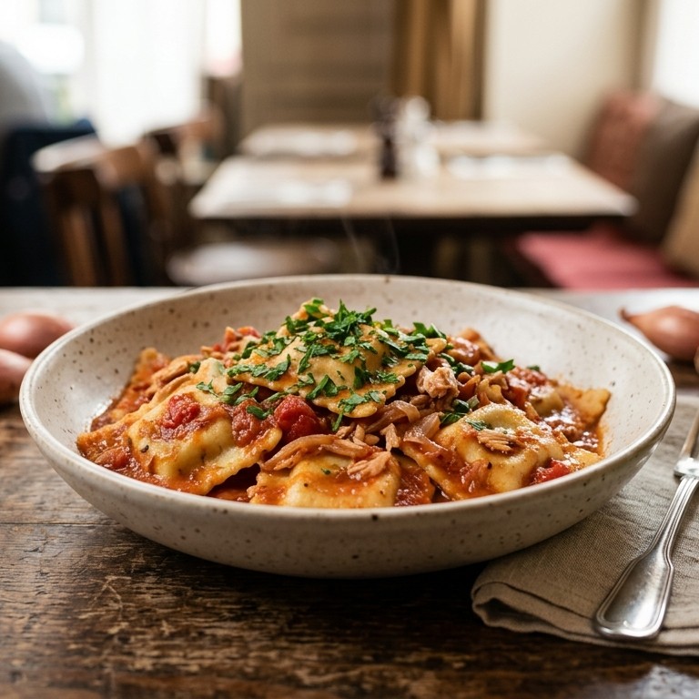 Ravioli met tomatensaus en sjalotjes