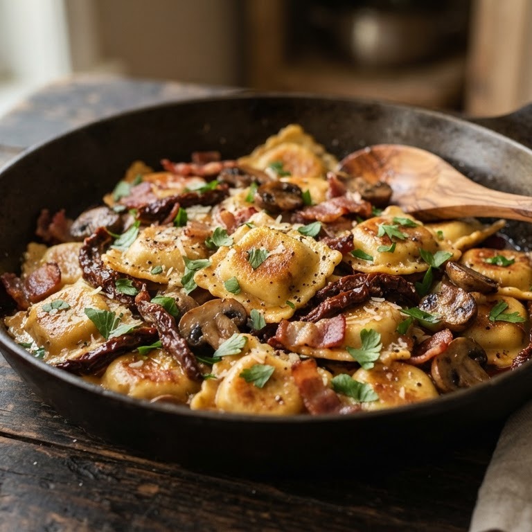 Ravioli met zongedroogde tomaatjes en champignons