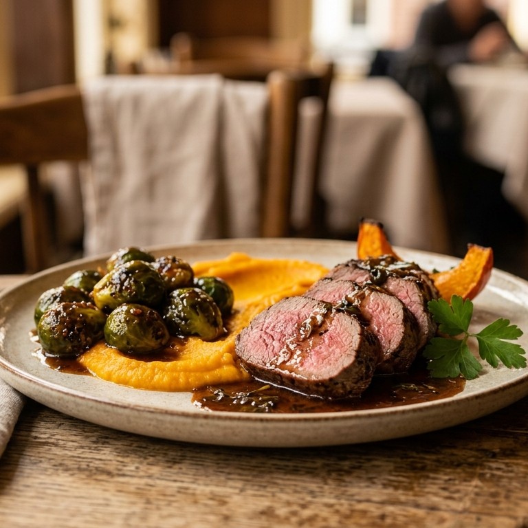 Reefilet met pompoenpuree en gestoofde spruitjes