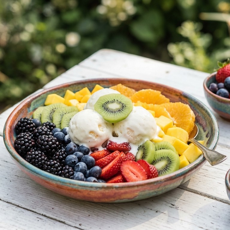 Regenboog-fruitsalade met yoghurtijs