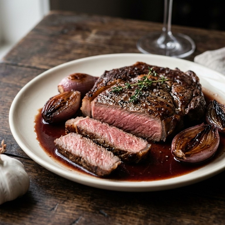 Rib-eye met gepofte sjalotjes