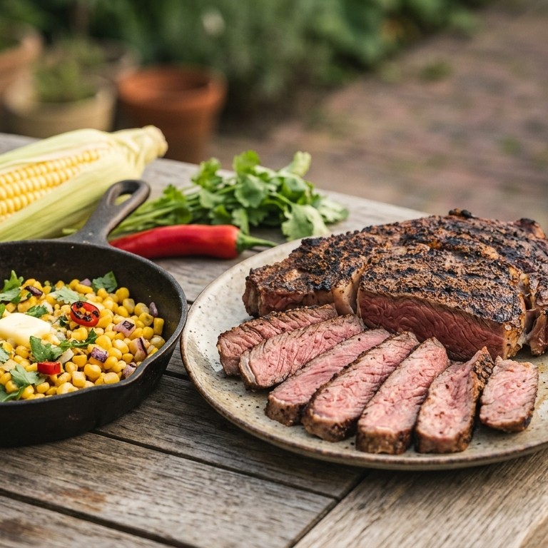 Rib-eyesteak van het rund met hete maïs