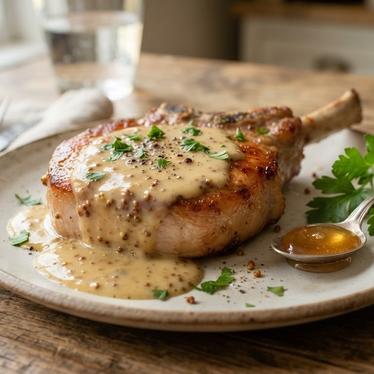 Ribkarbonade met romige honing-mosterdsaus