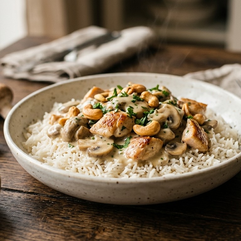 Rijst met champignon-kip saus