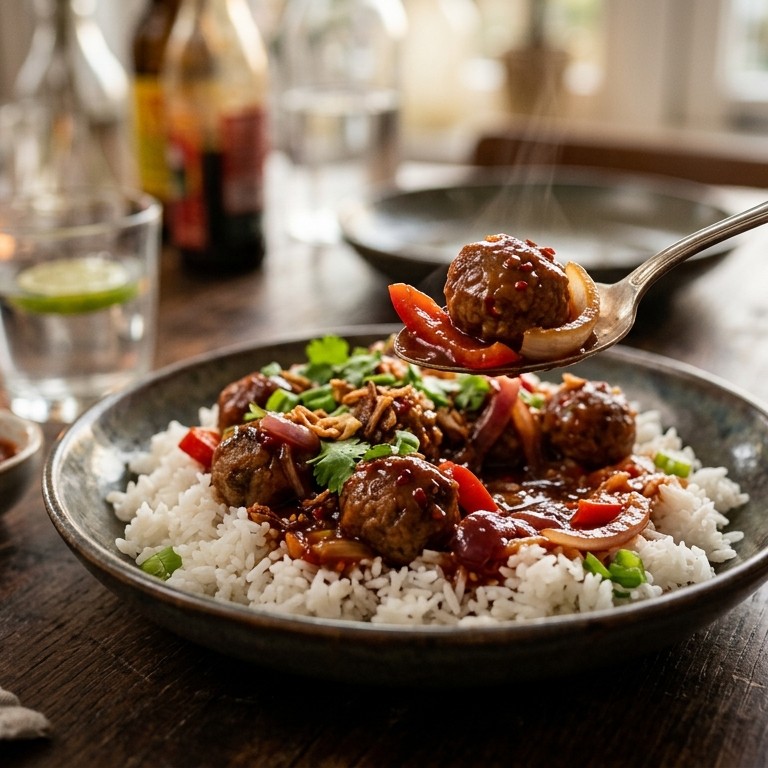 Rijst met gehaktballetjes in zoetzure tomatensaus