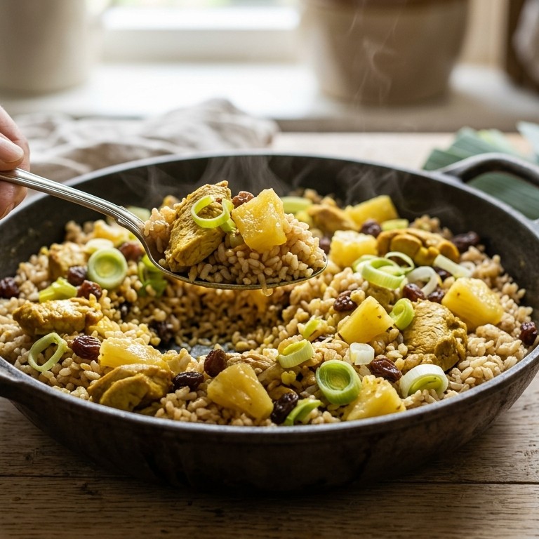 Rijst met kip en ananas en rozijnen