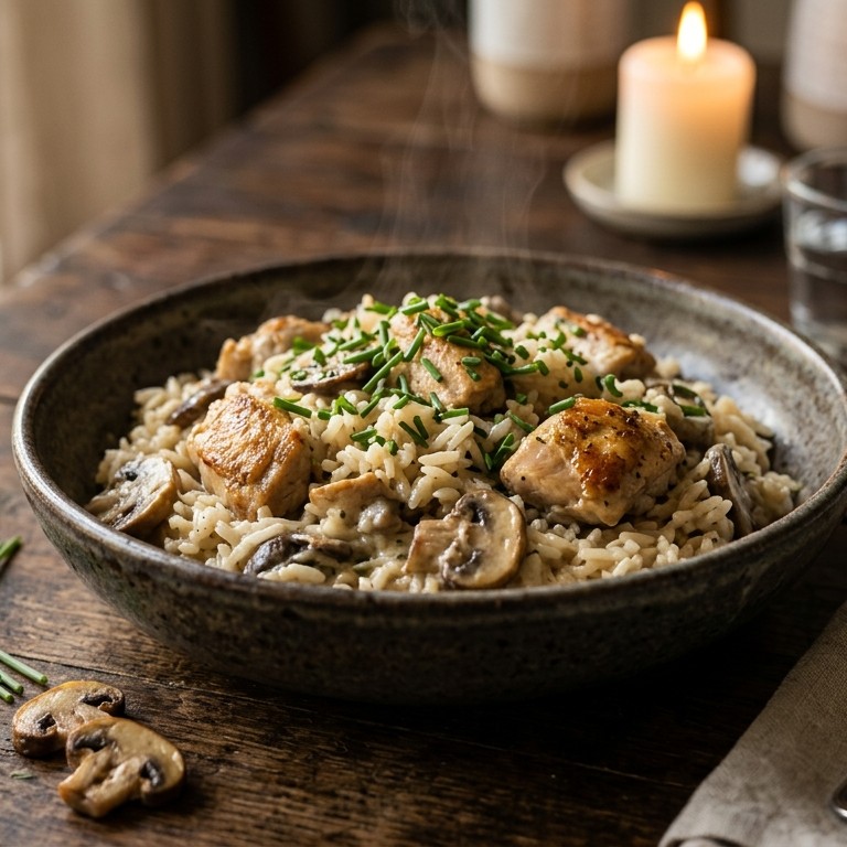 Rijst met kipfilet en champignons