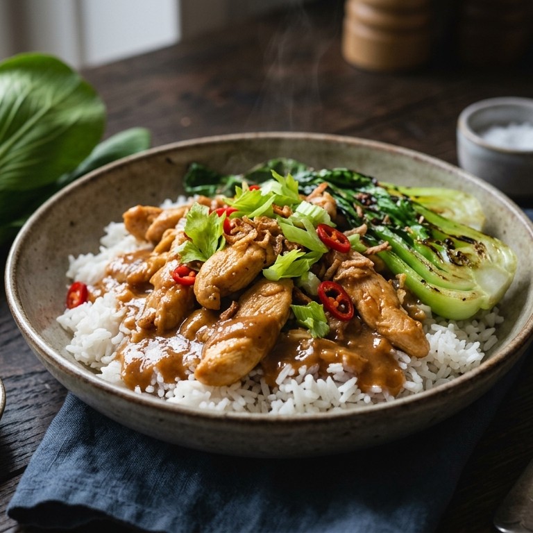 Rijst met kipfilet, paksoi en satesaus