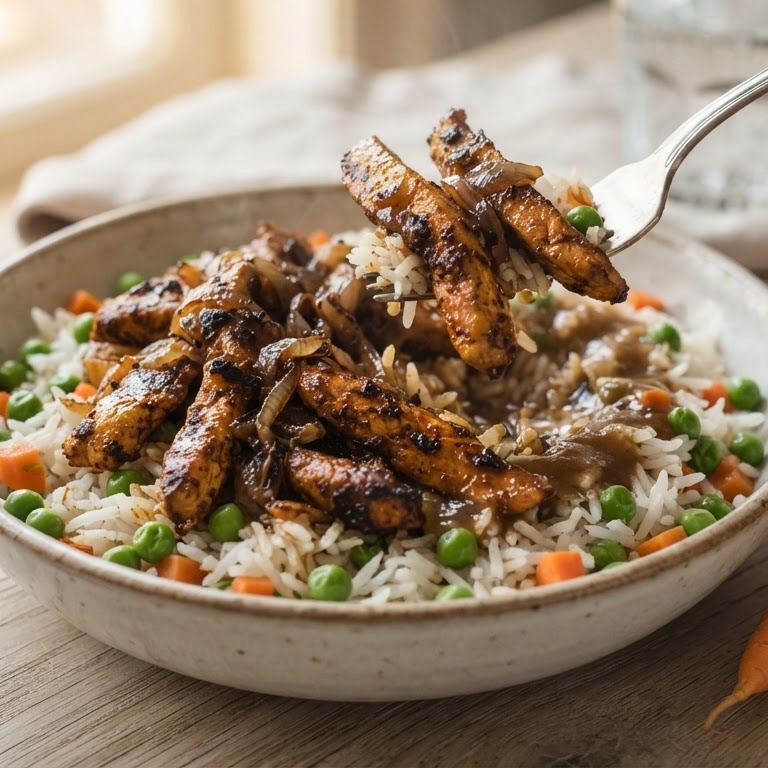 Rijst met shoarma met erwtjes en worteltjes