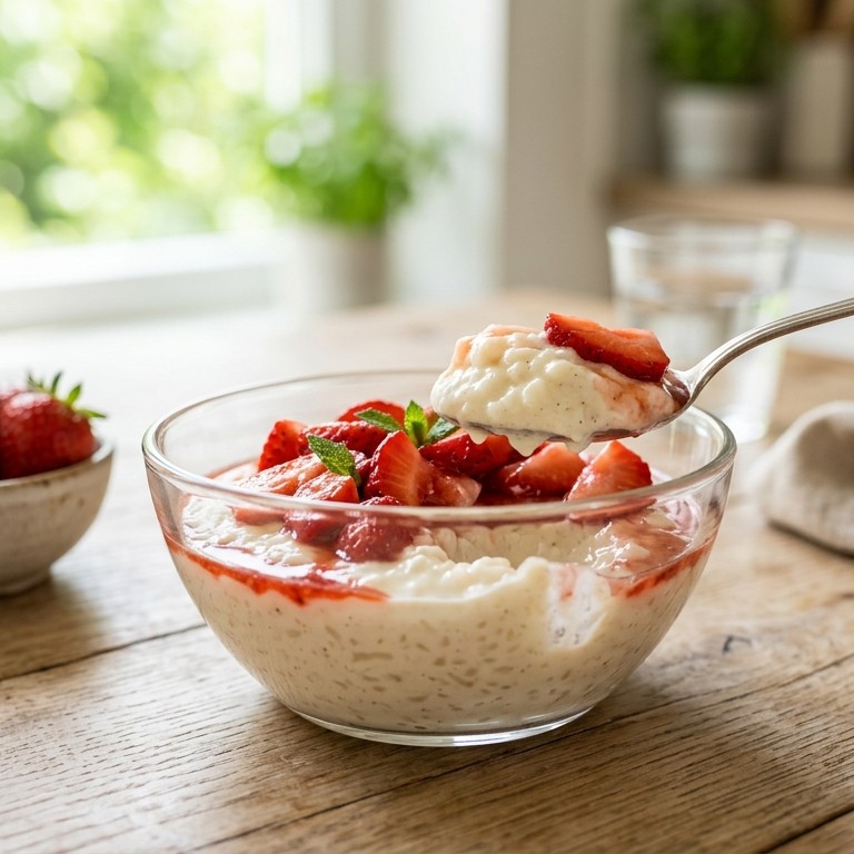 Rijst-mousse met aardbeien