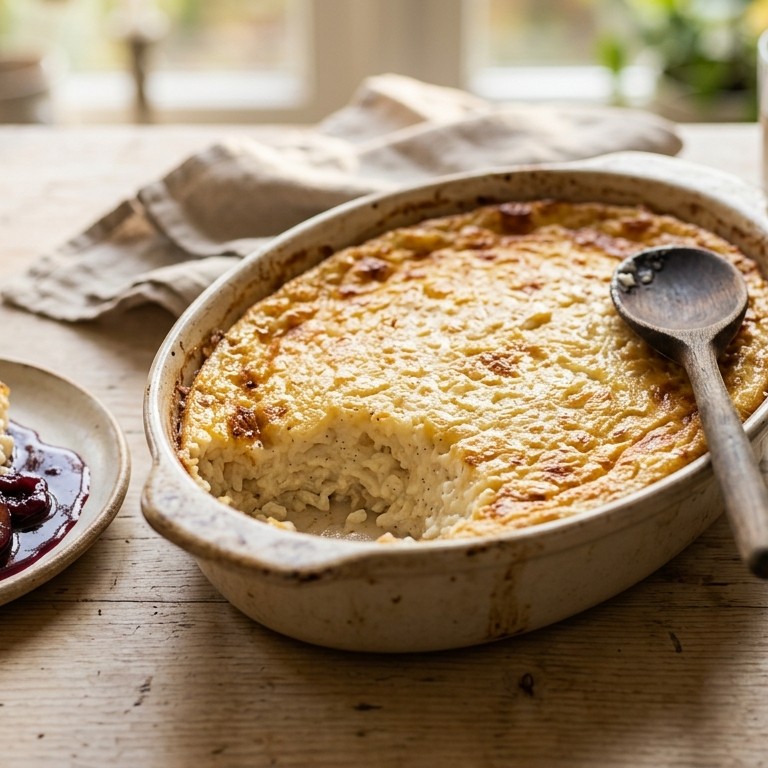 Rijstdessert uit de oven met pruimensaus