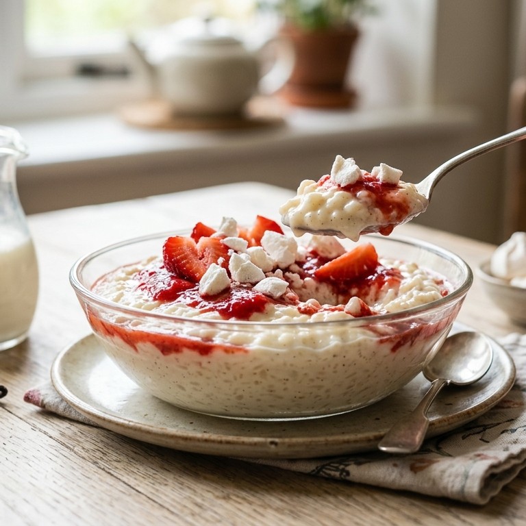 Rijstepap met aardbeiensaus en merengues