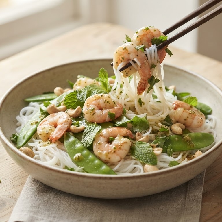 Rijstnoedels met salade van tijgergarnalen