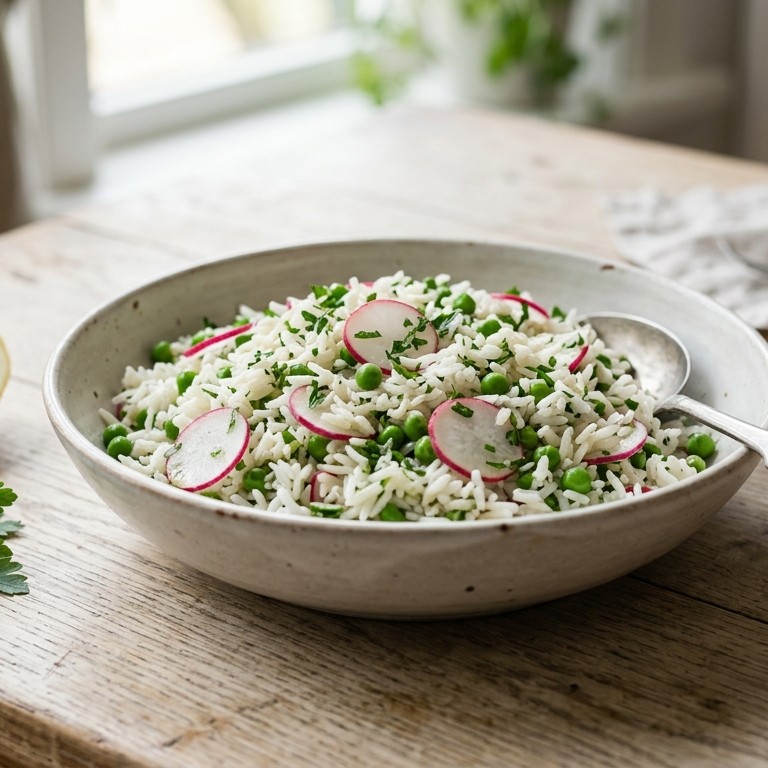 Rijstsalade met doperwten en radijs