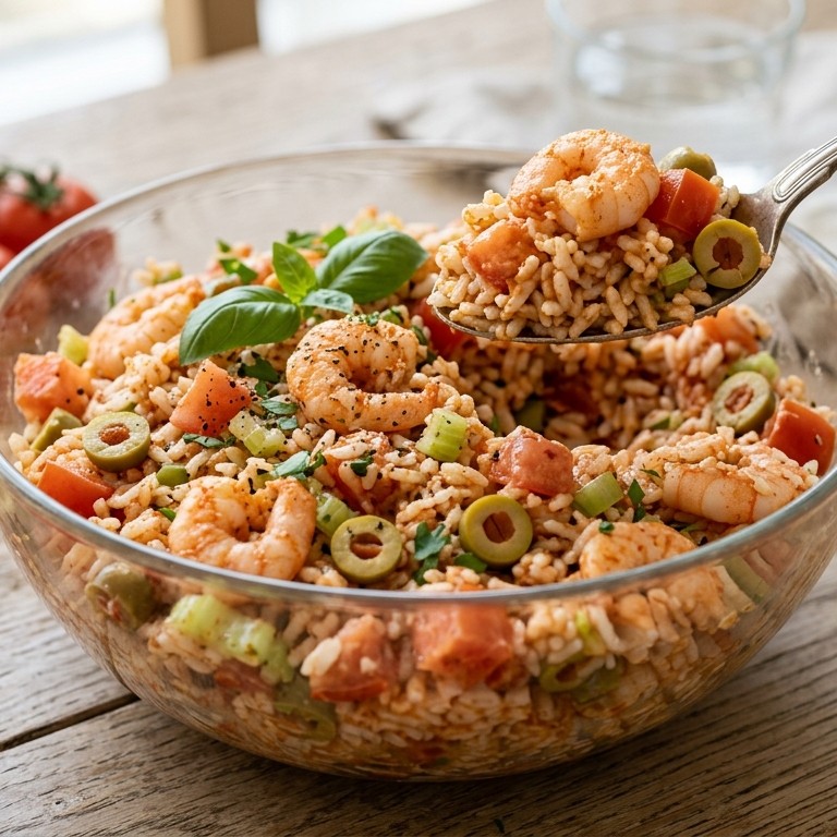 Rijstsalade met garnalen, olijven en rode pesto