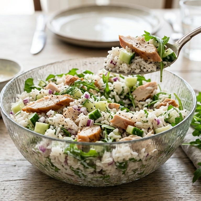 Rijstsalade met gerookte kip,komkommer en crème fraîche