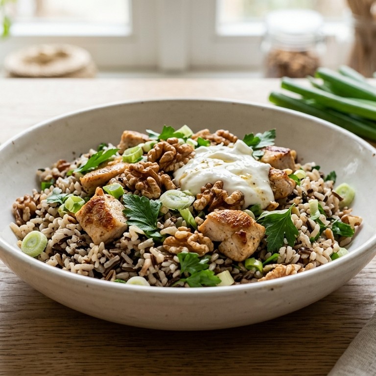 Rijstsalade met kip en walnoten