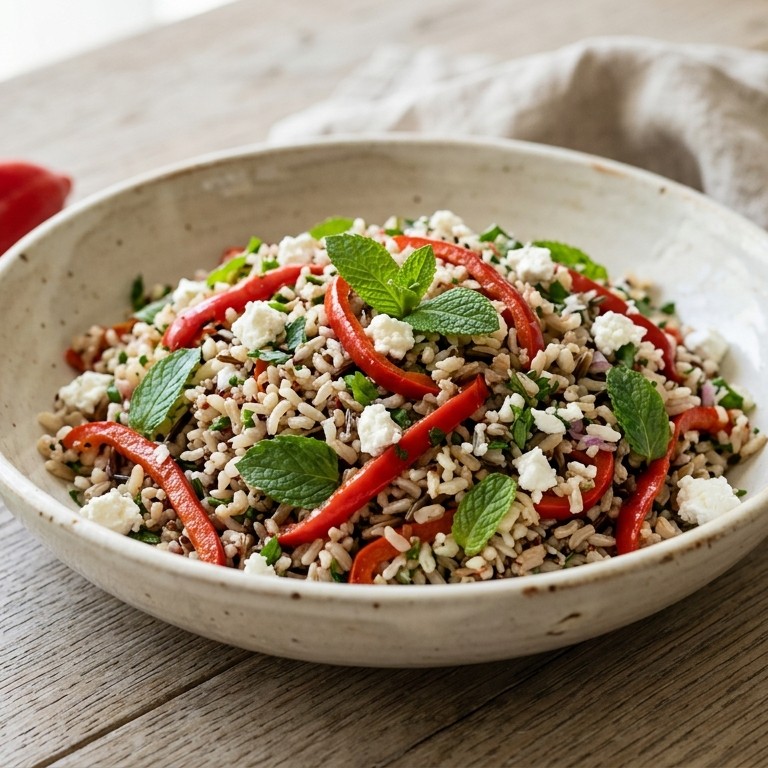 Rijstsalade met puntpaprika, geitenkaas en munt