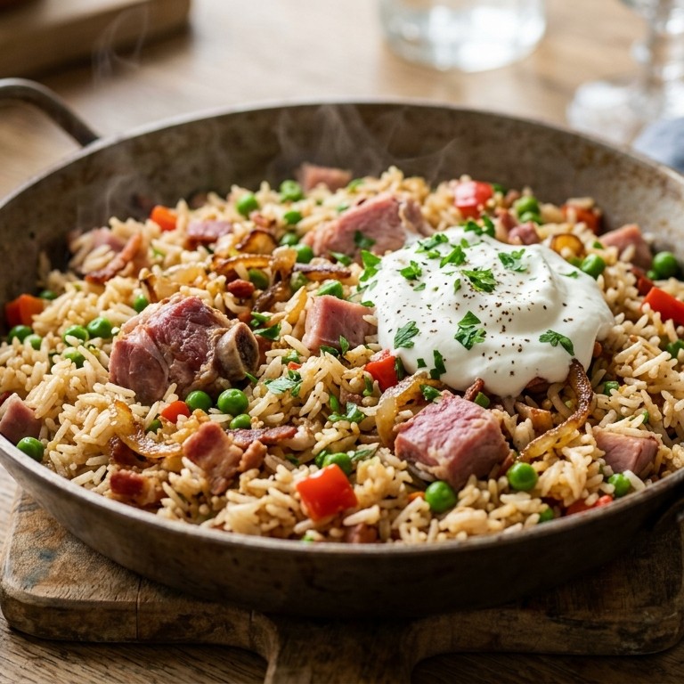 Rijstschotel met ham en yoghurt