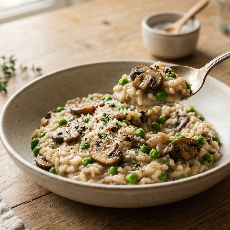 Risotto met champignons en doperwten