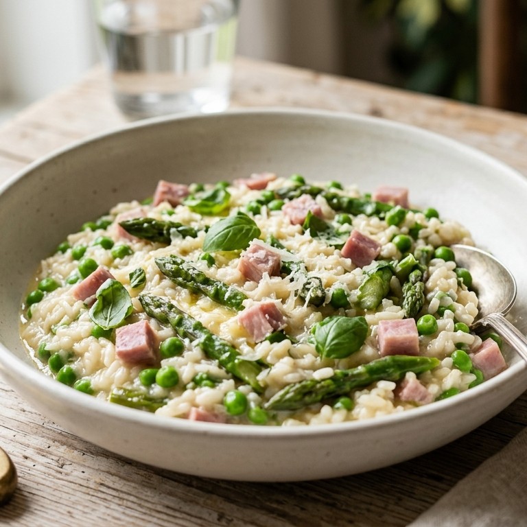 Risotto met erwten, asperges en ham
