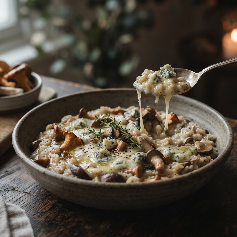 Risotto met padestoelen en Magor schimmelkaas
